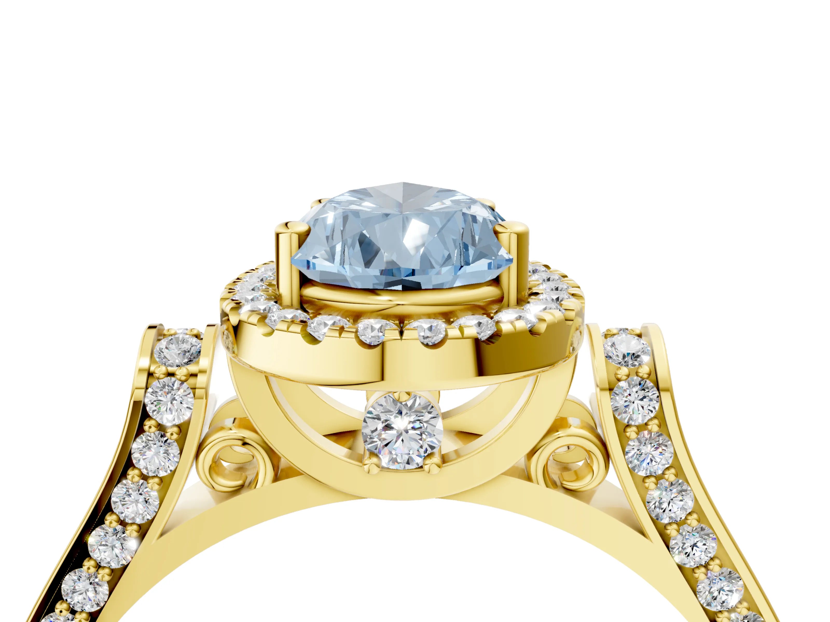Yellow gold Fancy Blue Pear Cut Halo Round Diamond Twist Band with Four-Prong Setting_4