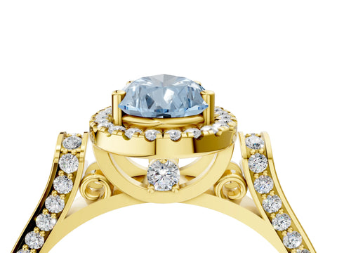 Yellow gold Fancy Blue Pear Cut Halo Round Diamond Twist Band with Four-Prong Setting_4