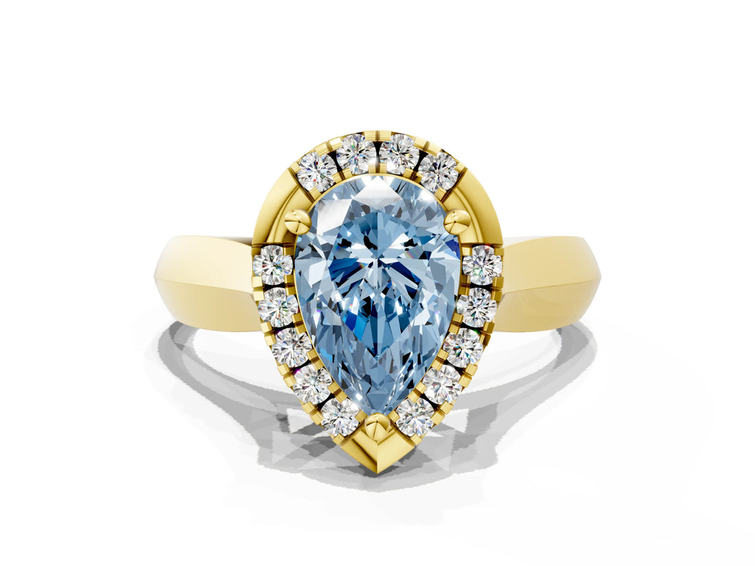 Yellow gold Fancy Blue Pear  Cut Halo Solitaire Engagement Ring with Square Band and Four-Prong Setting_66