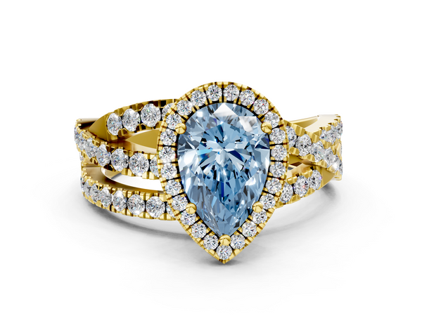 Yellow gold Fancy Blue Pear  Cut Halo Split Shank Prong Setting Ring