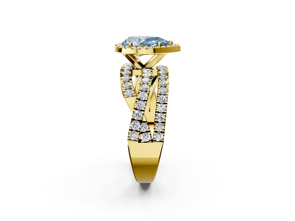 Yellow gold Fancy Blue Pear  Cut Halo Split Shank Prong Setting Ring