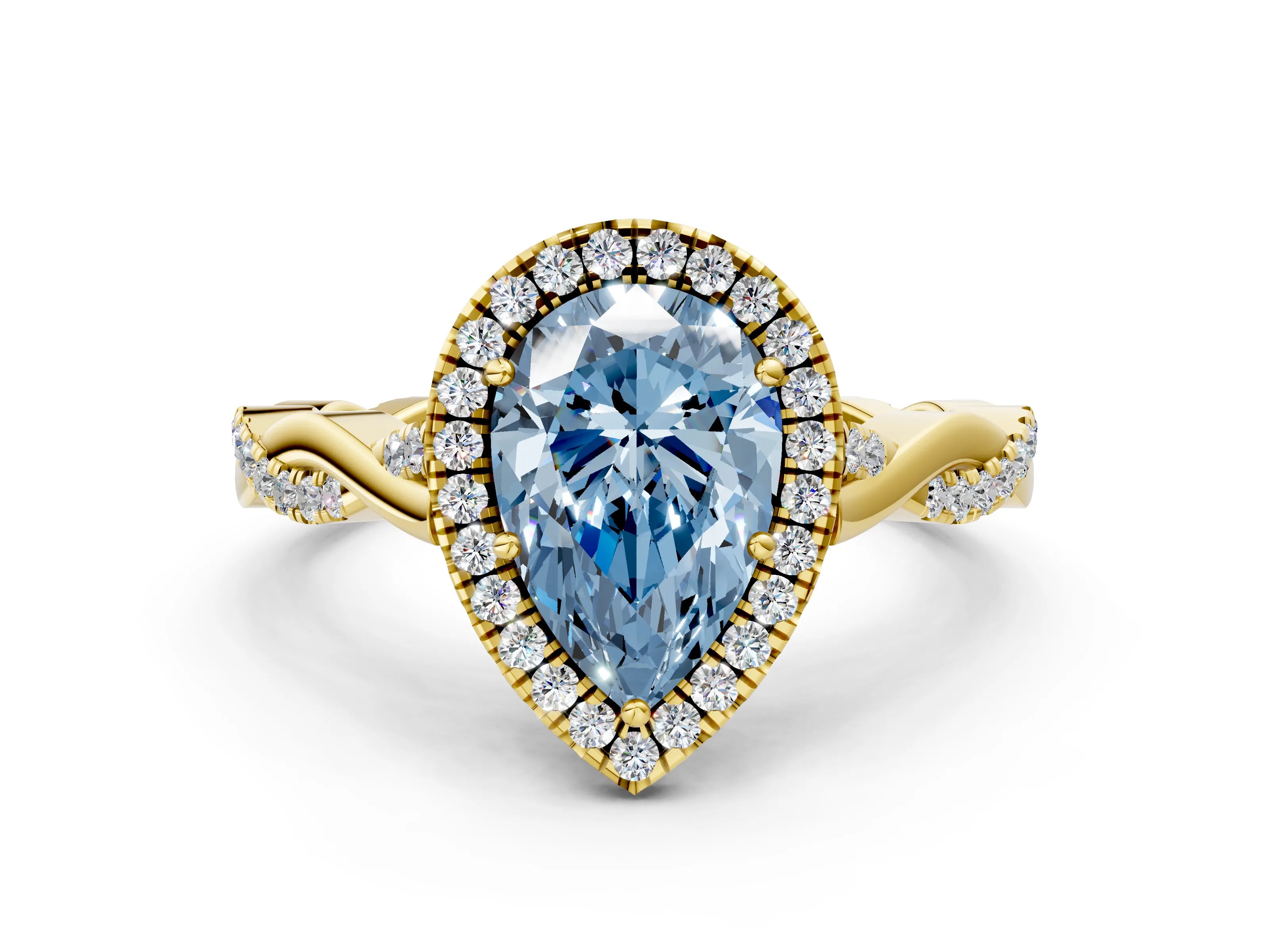 Yellow gold Fancy Blue Pear Cut Halo Twist Band with Four-Prong Setting