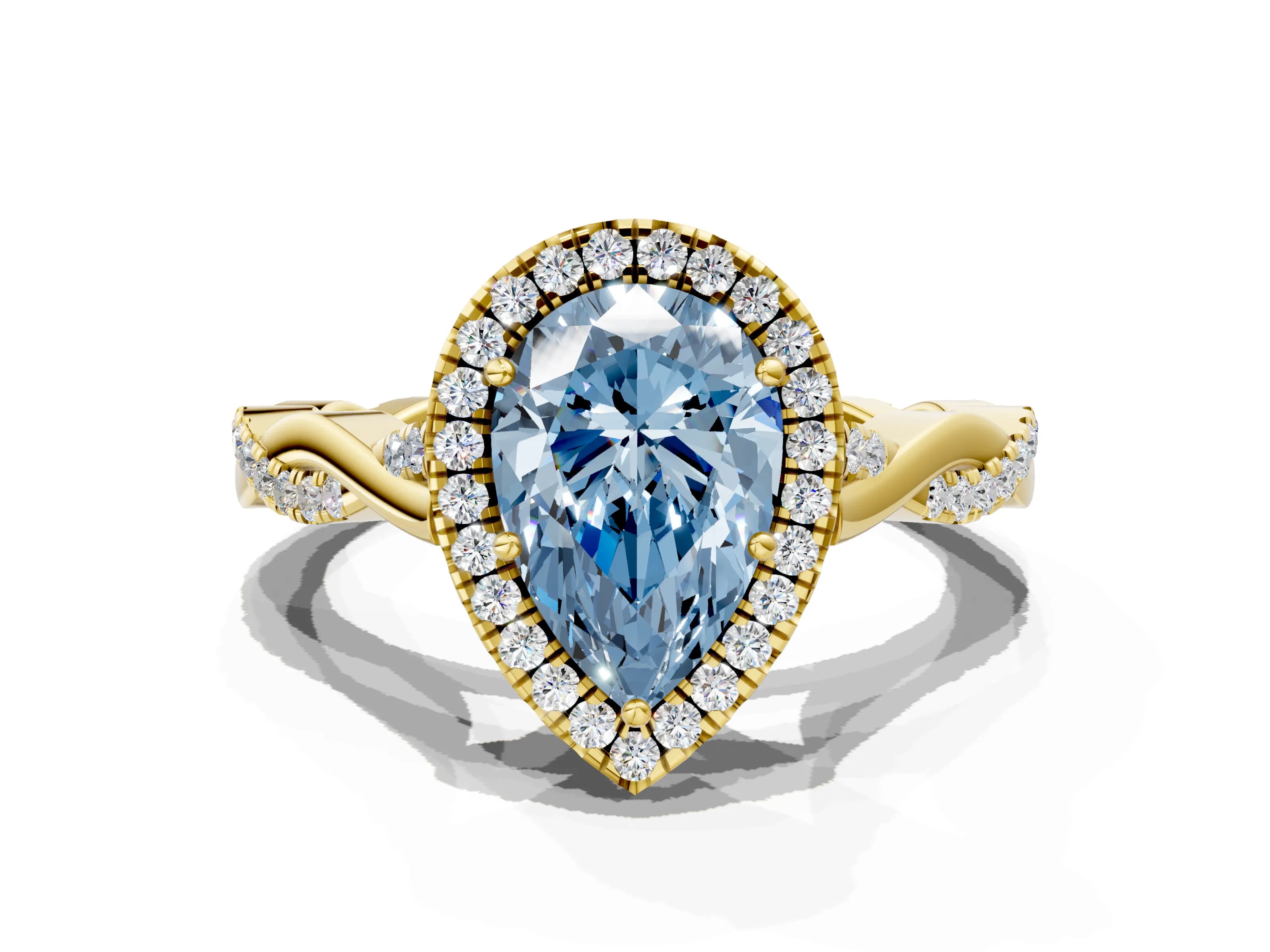 Yellow gold Fancy Blue Pear Cut Halo Twist Band with Four-Prong Setting_12