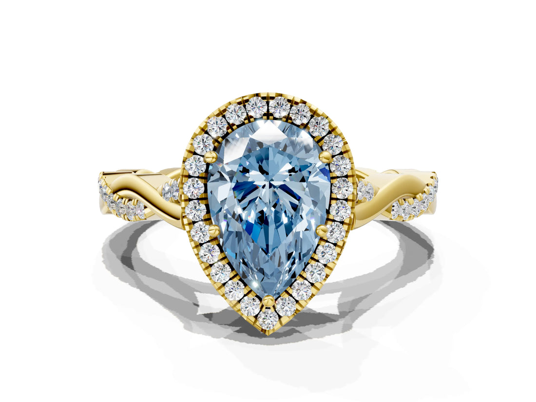 Yellow gold Fancy Blue Pear Cut Halo Twist Band with Four-Prong Setting_12