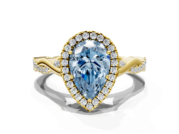 Yellow Gold Pear-Shaped Interwoven Twist Halo Engagement Ring Setting for Fancy Blue Center
