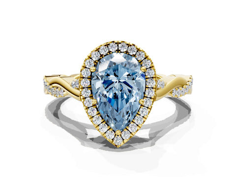Yellow gold Fancy Blue Pear Cut Halo Twist Band with Four-Prong Setting_12