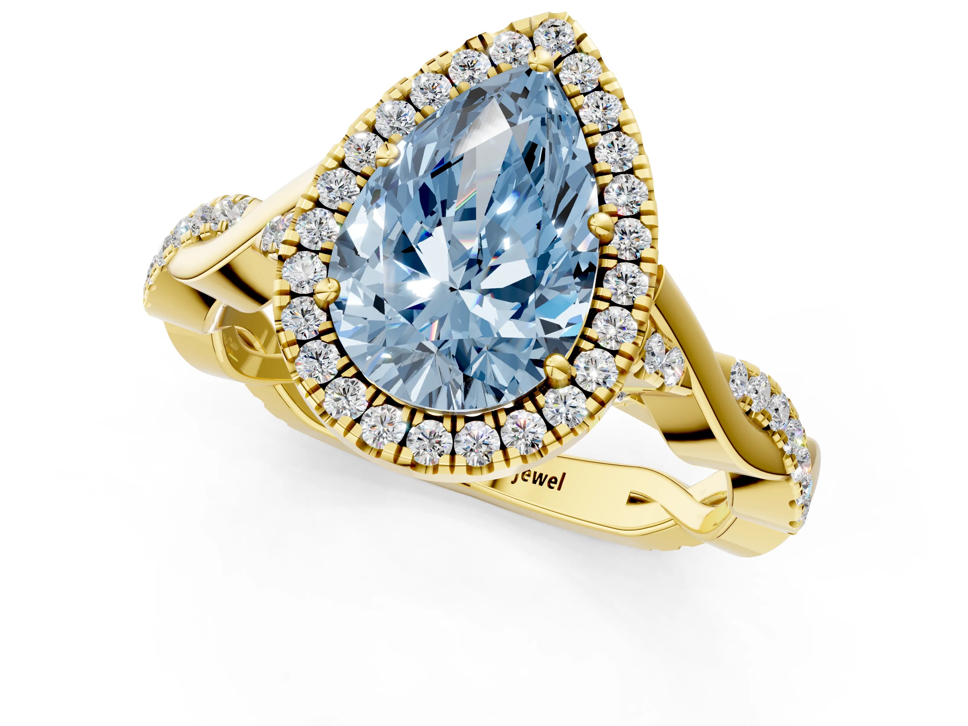 Yellow gold Fancy Blue Pear Cut Halo Twist Band with Four-Prong Setting_13