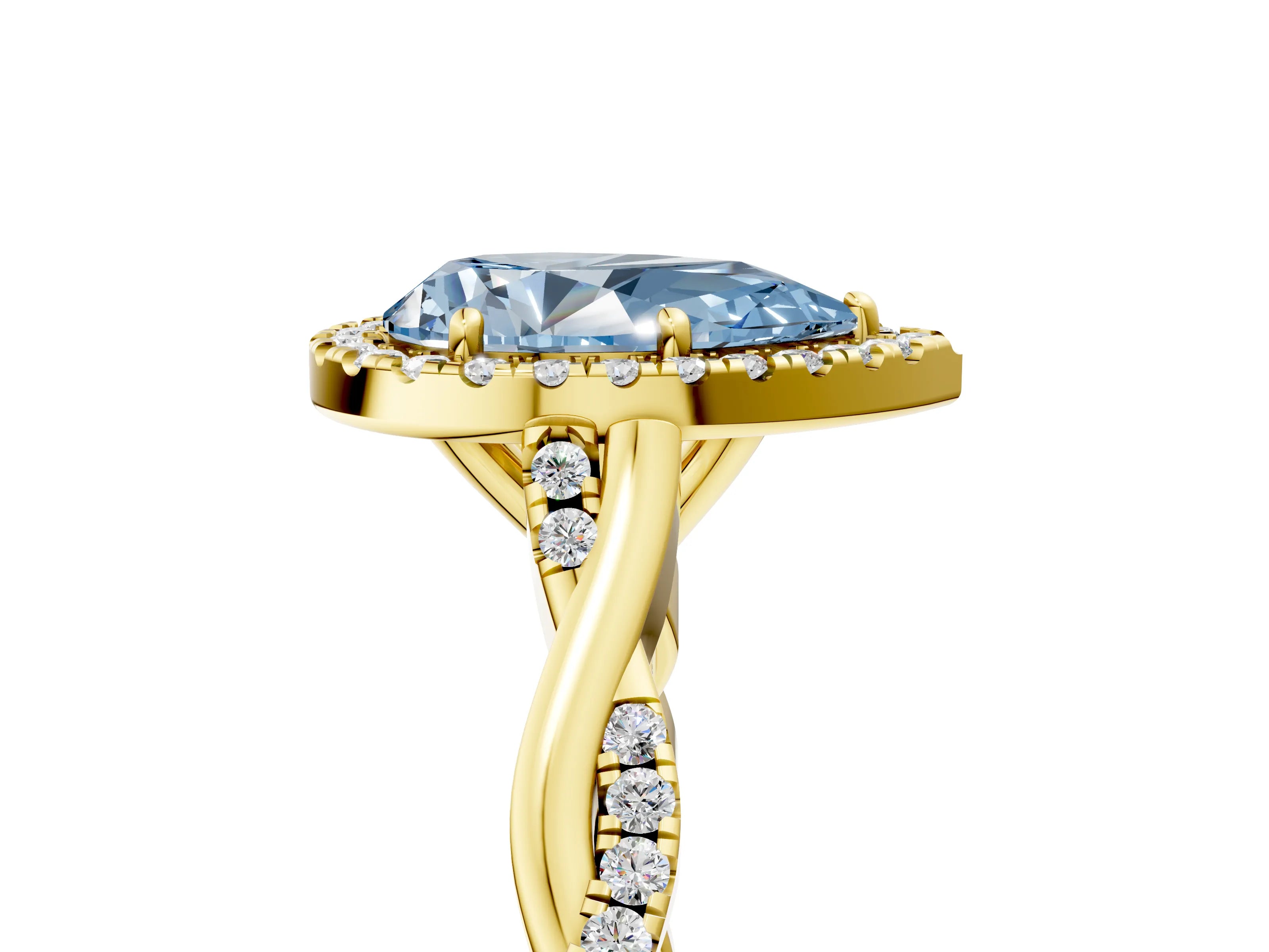 Yellow gold Fancy Blue Pear Cut Halo Twist Band with Four-Prong Setting_17