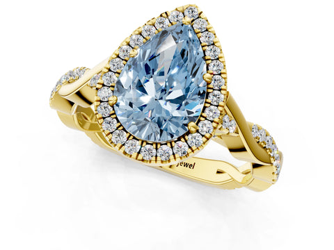 Yellow gold Fancy Blue Pear Cut Halo Twist Band with Four-Prong Setting_1