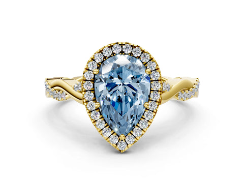 Yellow gold Fancy Blue Pear Cut Halo Twist Band with Four-Prong Setting