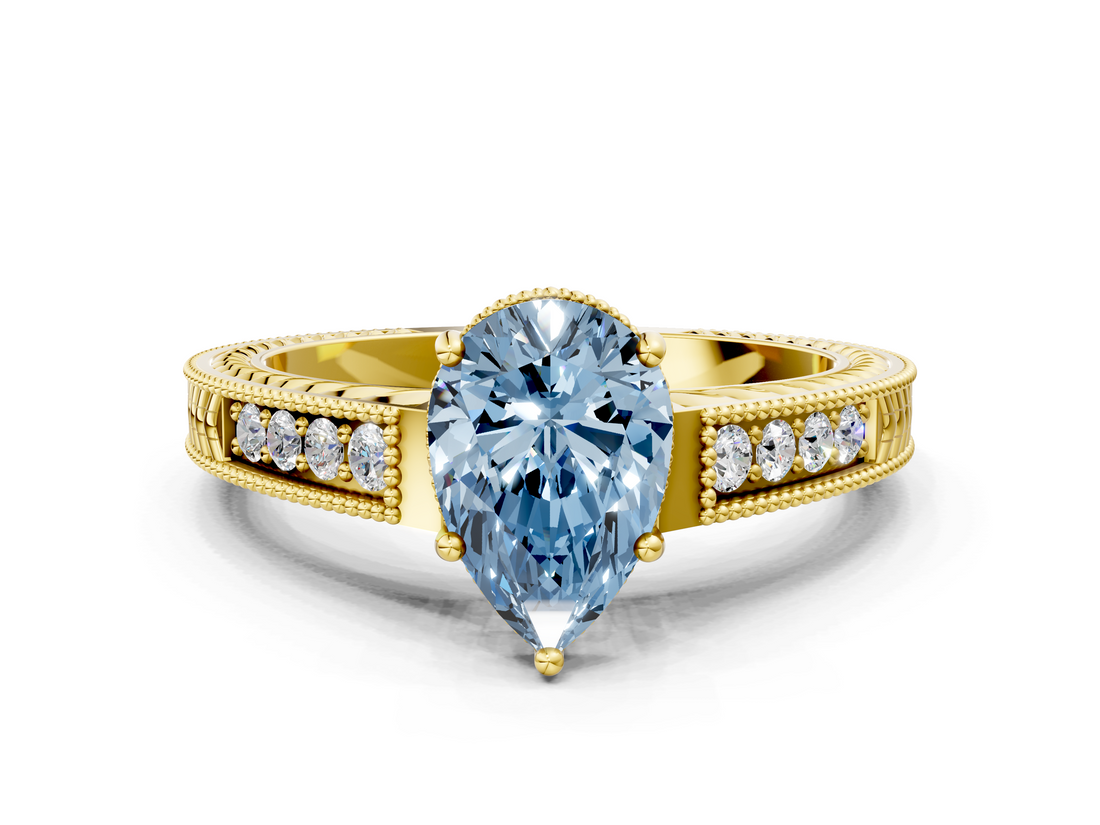 Yellow gold Fancy Blue Pear  Cut Milgrain Channel Set Engagement Ring with Solitaire Prong Setting_91