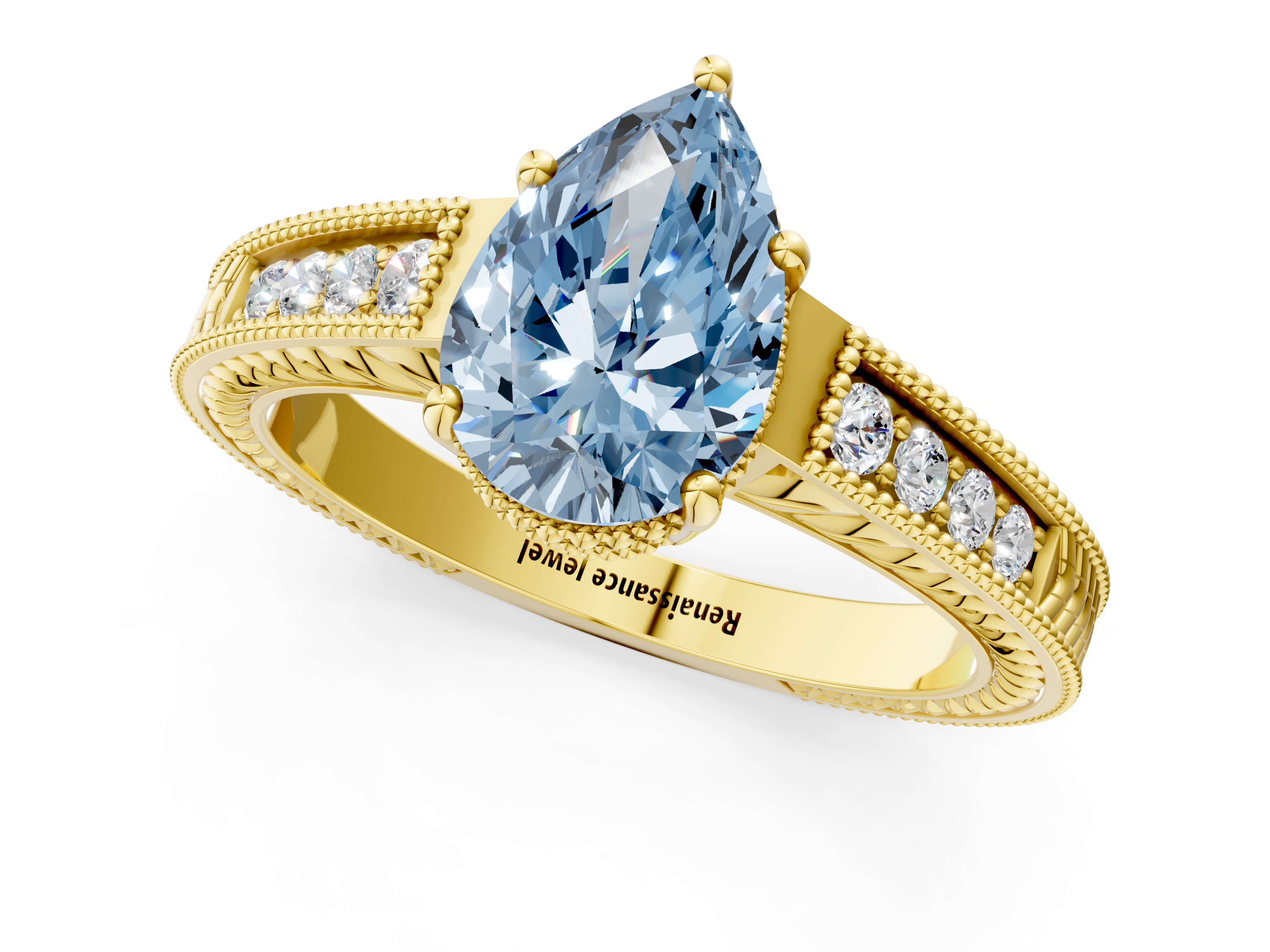 Yellow gold Fancy Blue Pear  Cut Milgrain Channel Set Engagement Ring with Solitaire Prong Setting_92