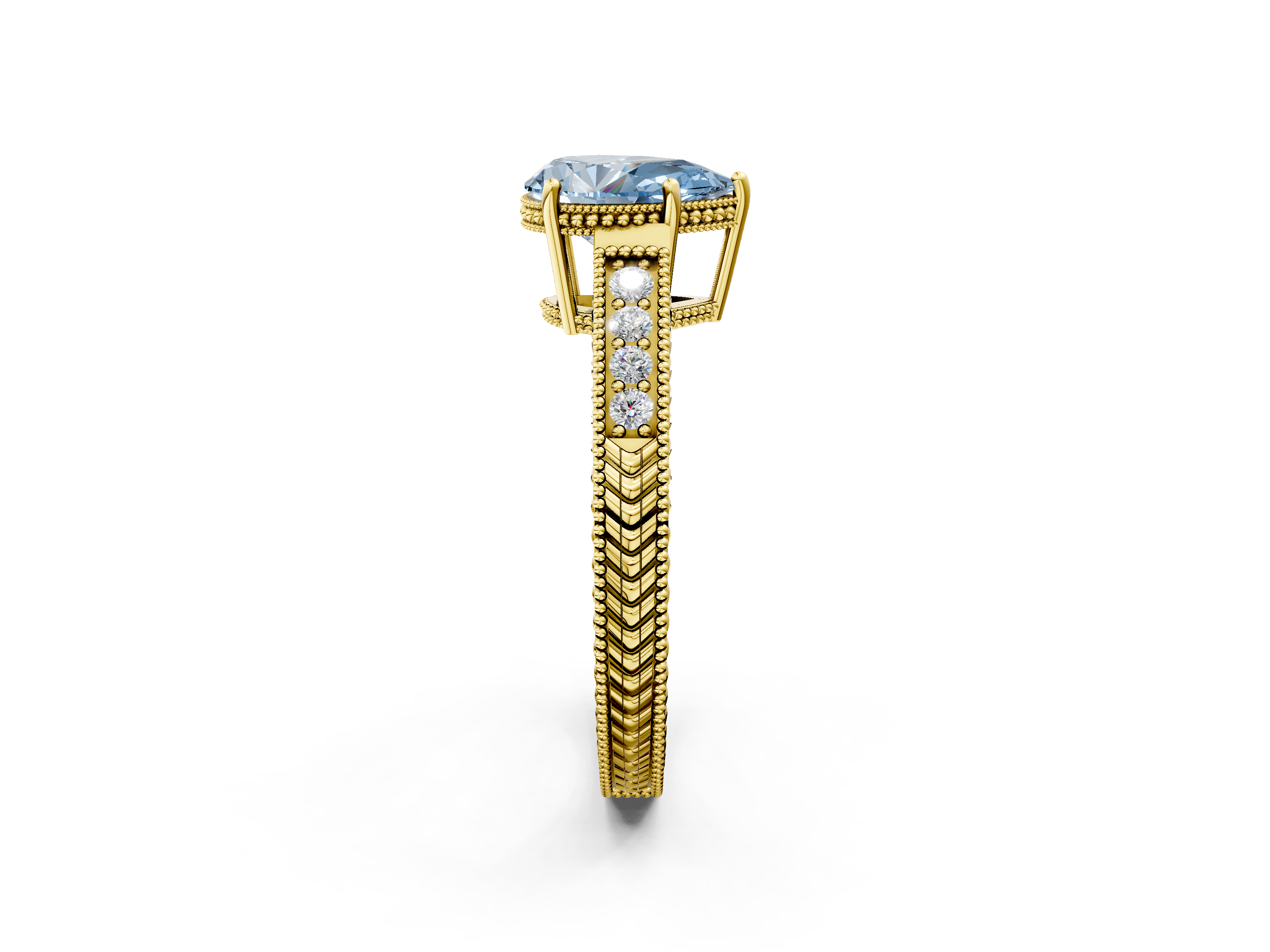 Yellow gold Fancy Blue Pear  Cut Milgrain Channel Set Engagement Ring with Solitaire Prong Setting_93