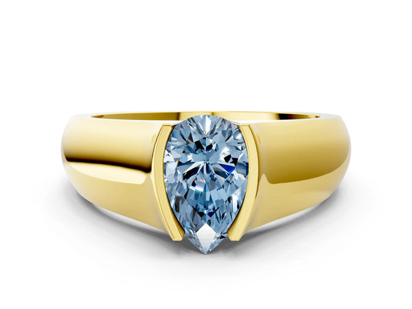 Yellow gold Fancy Blue Pear Cut Solitaire Bezel Set Diamond Ring with Wide Band