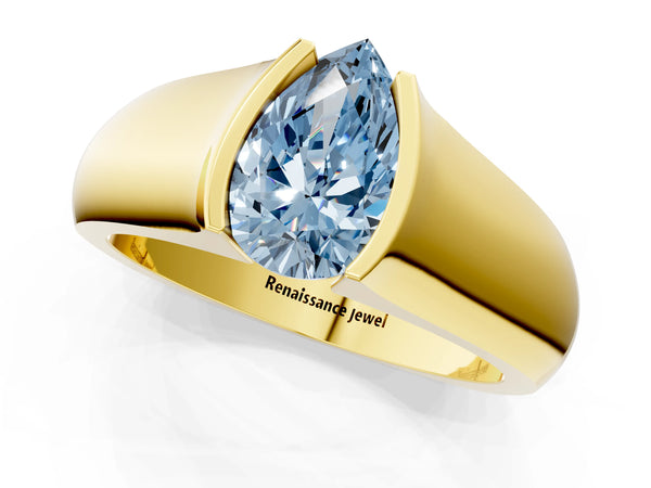 Yellow gold Fancy Blue Pear Cut Solitaire Bezel Set Diamond Ring with Wide Band