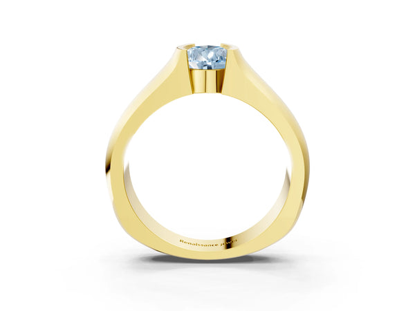 Yellow gold Fancy Blue Pear Cut Solitaire Bezel Set Diamond Ring with Wide Band