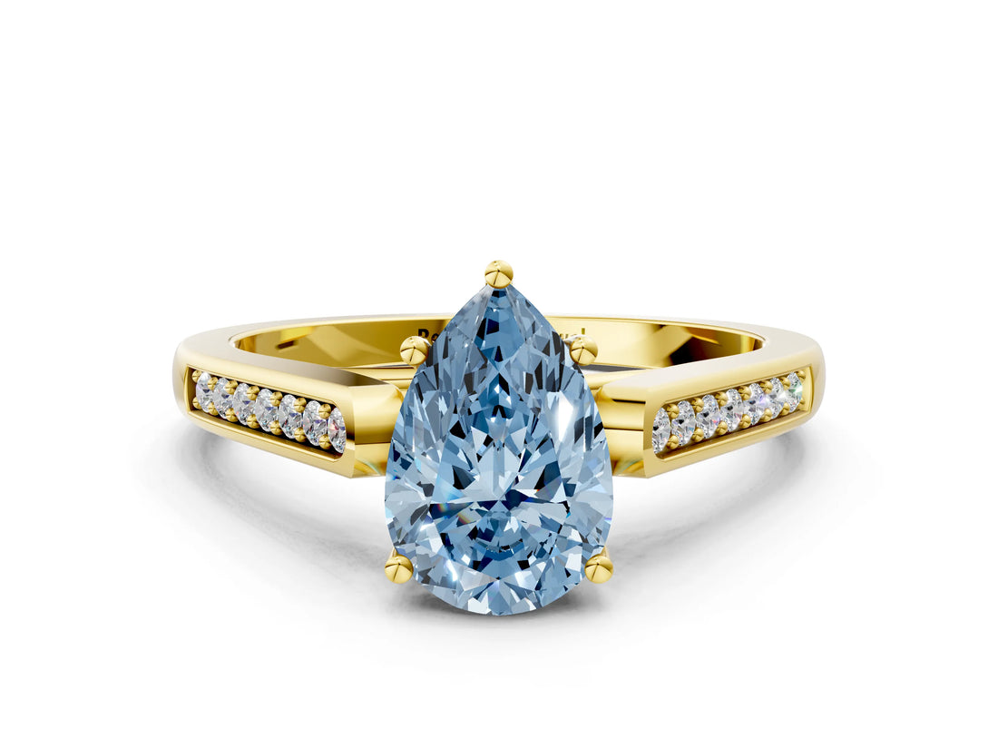 Yellow gold Fancy Blue Pear Cut Solitaire Cathedral Diamond Engagement Ring with Channel-Set Band and Four-Prong Setting_3