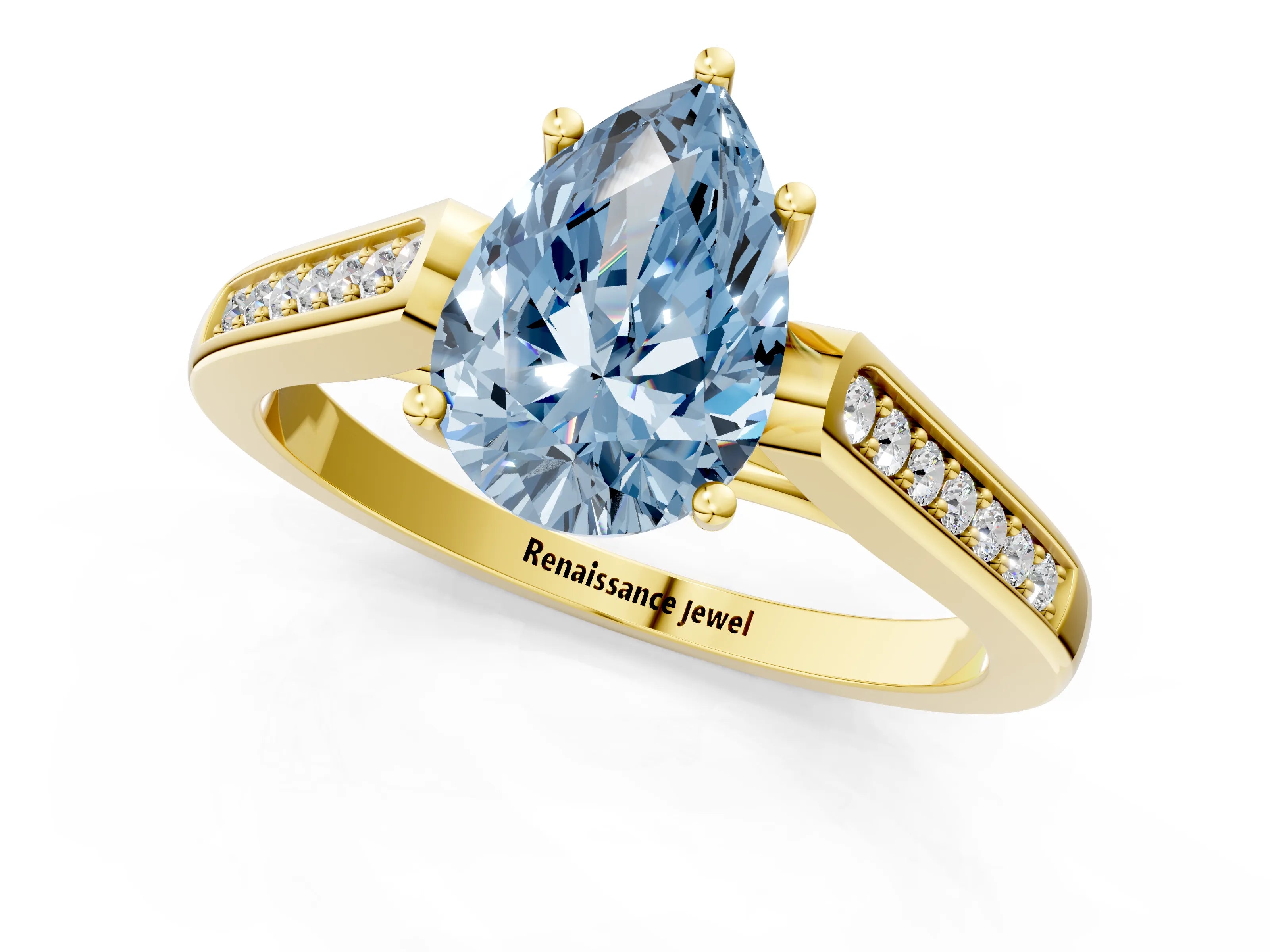 Yellow gold Fancy Blue Pear Cut Solitaire Cathedral Diamond Engagement Ring with Channel-Set Band and Four-Prong Setting_4