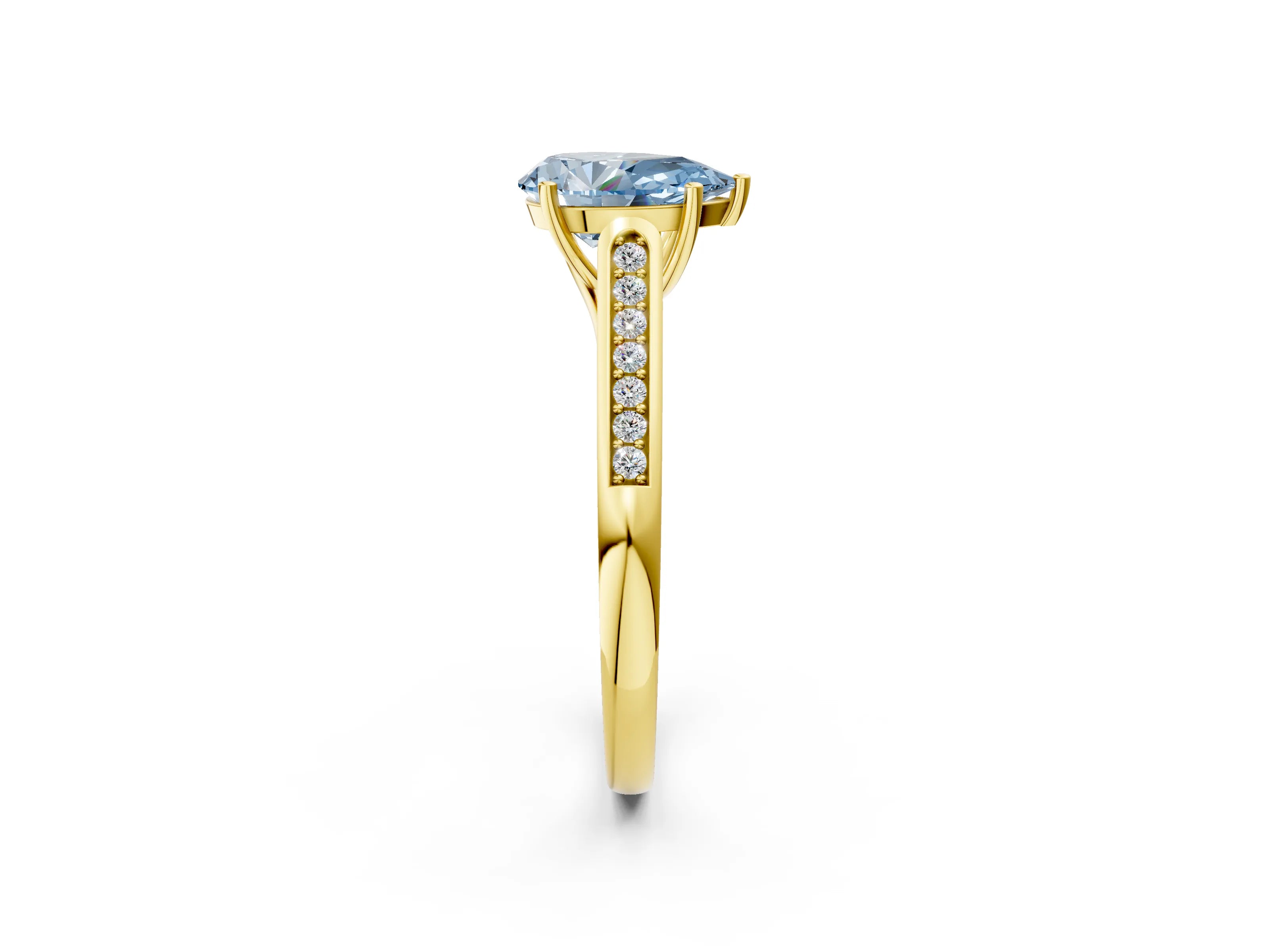 Yellow gold Fancy Blue Pear Cut Solitaire Cathedral Diamond Engagement Ring with Channel-Set Band and Four-Prong Setting_5