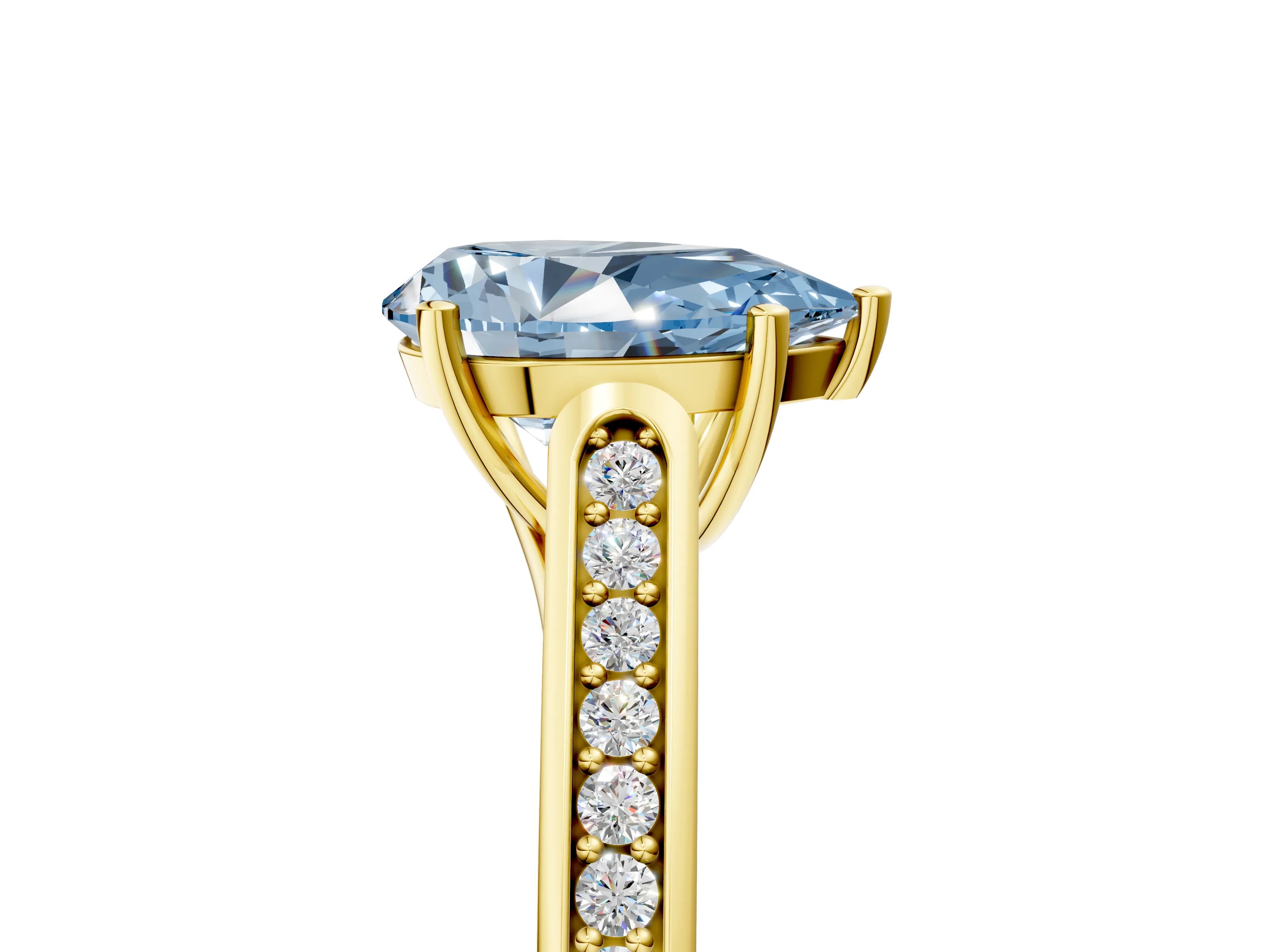 Yellow gold Fancy Blue Pear Cut Solitaire Cathedral Diamond Engagement Ring with Channel-Set Band and Four-Prong Setting_8