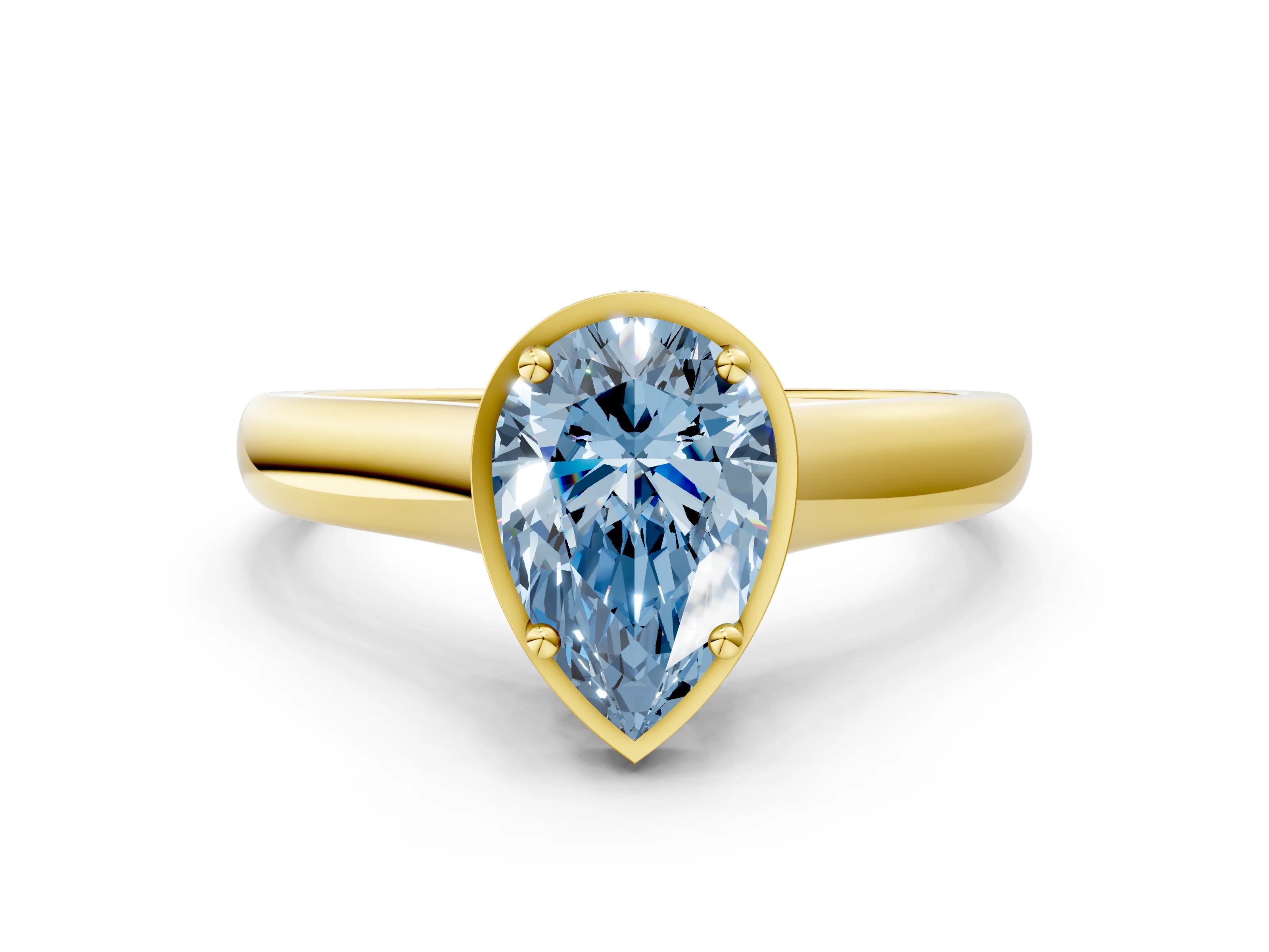 Yellow gold Fancy Blue Pear Cut Solitaire Diamond Engagement Ring with Four-Prong Setting and Tapered Band