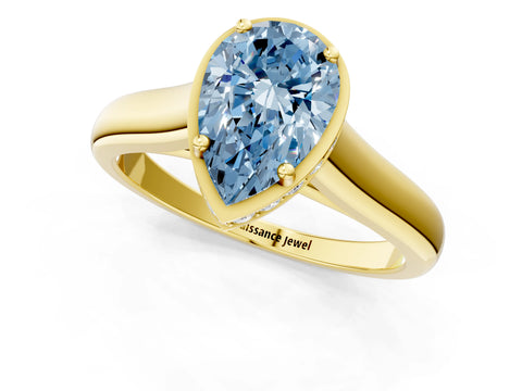 Yellow gold Fancy Blue Pear Cut Solitaire Diamond Engagement Ring with Four-Prong Setting and Tapered Band_1
