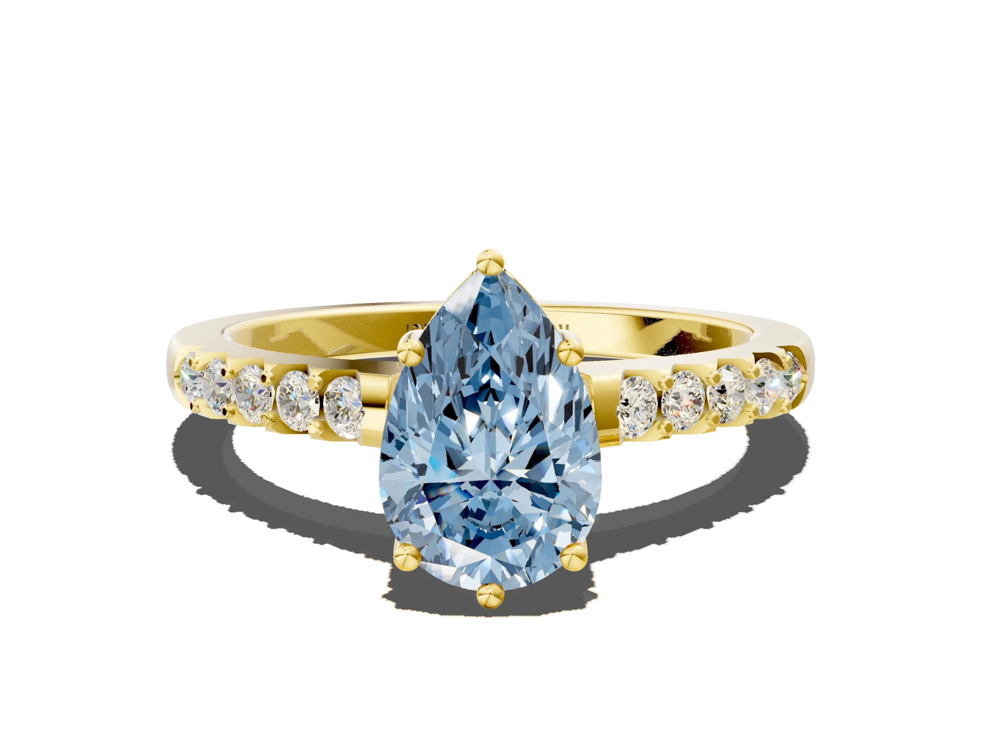 Yellow gold Fancy Blue Pear Cut Solitaire Diamond Engagement Ring with Pavé Band and Six-Prong Setting_12