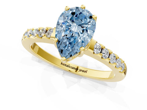 Yellow gold Fancy Blue Pear Cut Solitaire Diamond Engagement Ring with Pavé Band and Six-Prong Setting_13