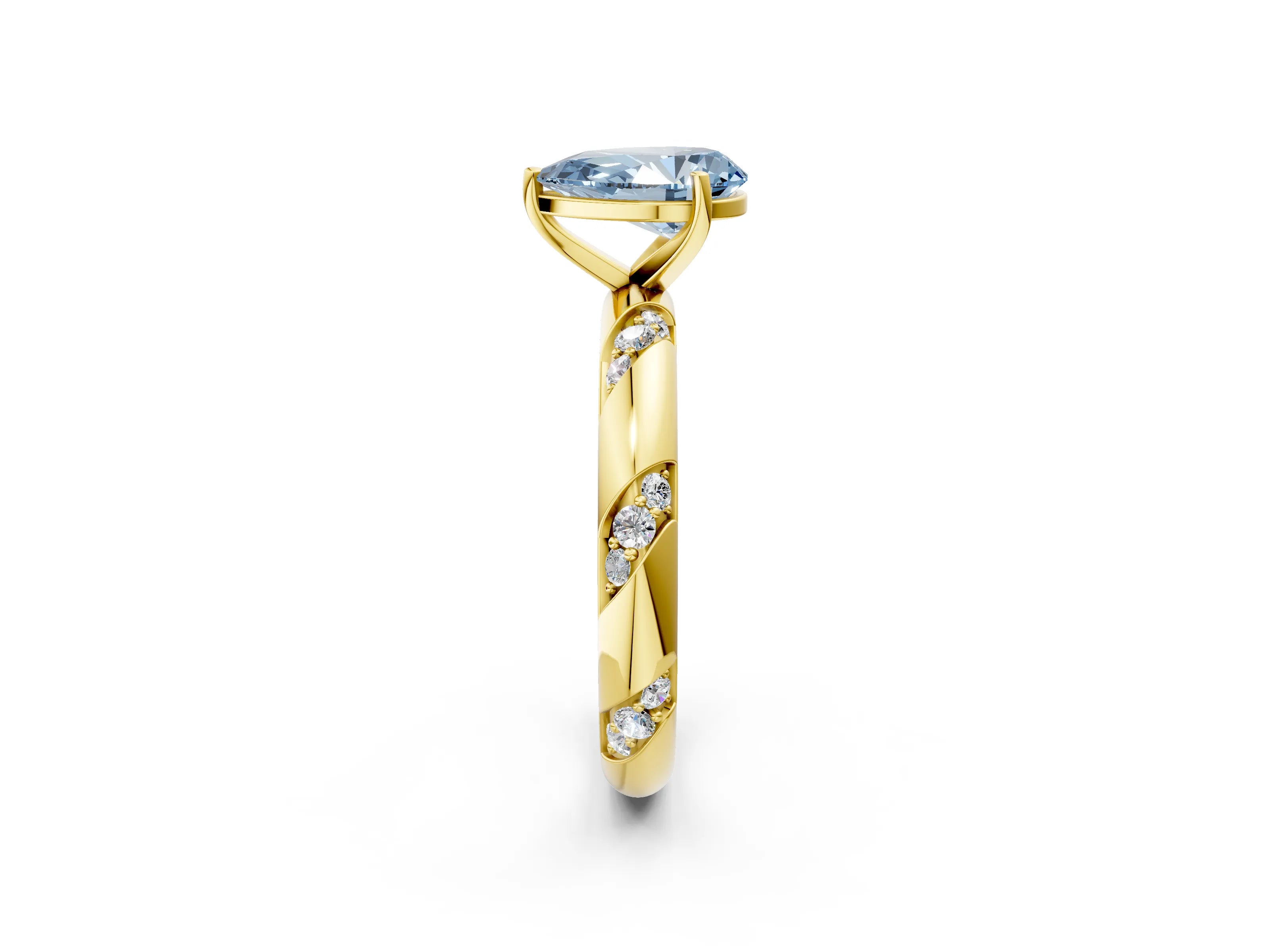 Yellow gold Fancy Blue Pear Cut Solitaire Diamond Engagement Ring with Twisted Pave Band and Four-Prong Setting_5