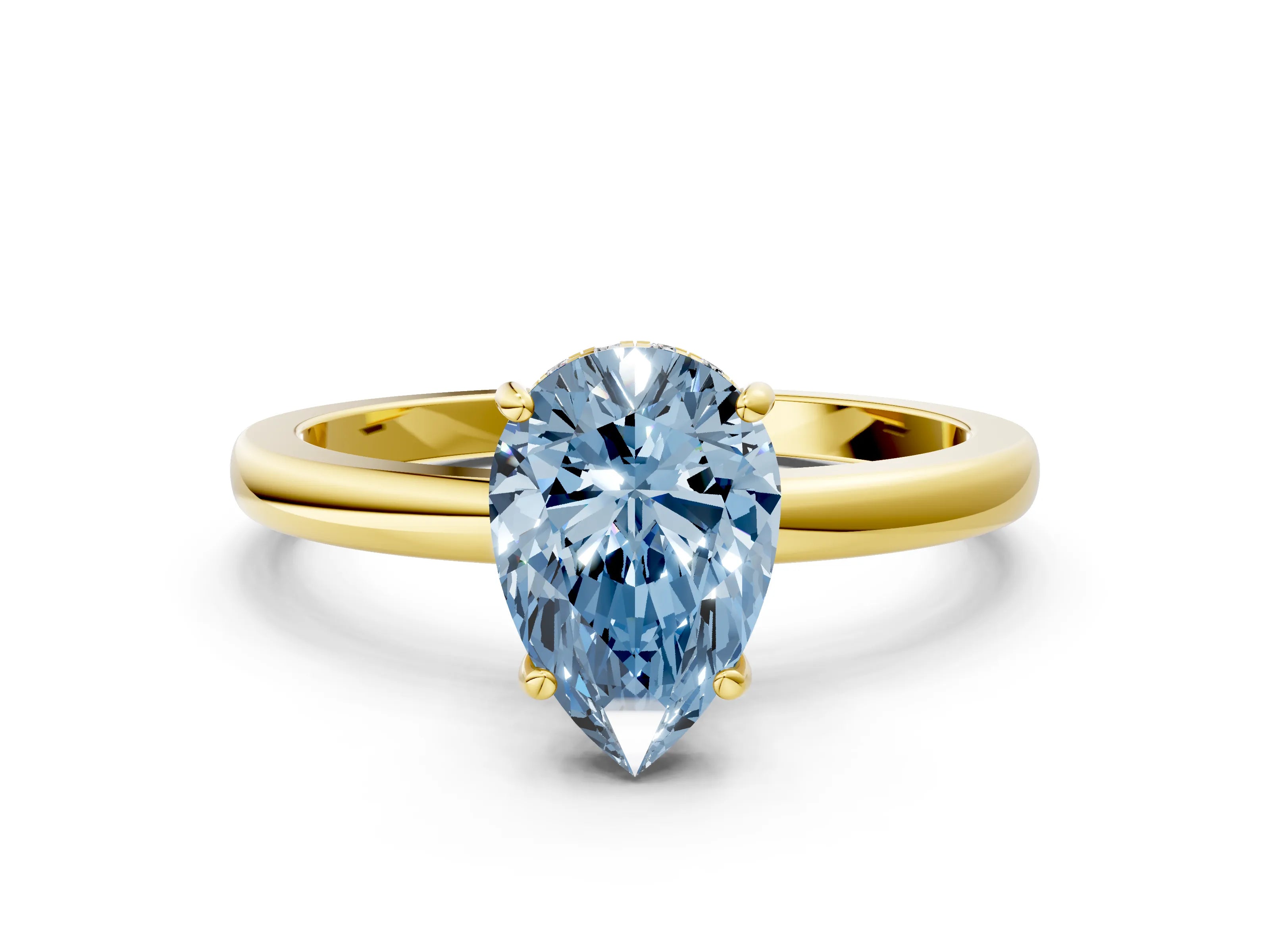 Yellow gold Fancy Blue Pear Cut Solitaire Diamond Ring with Prong Setting and Plain Band