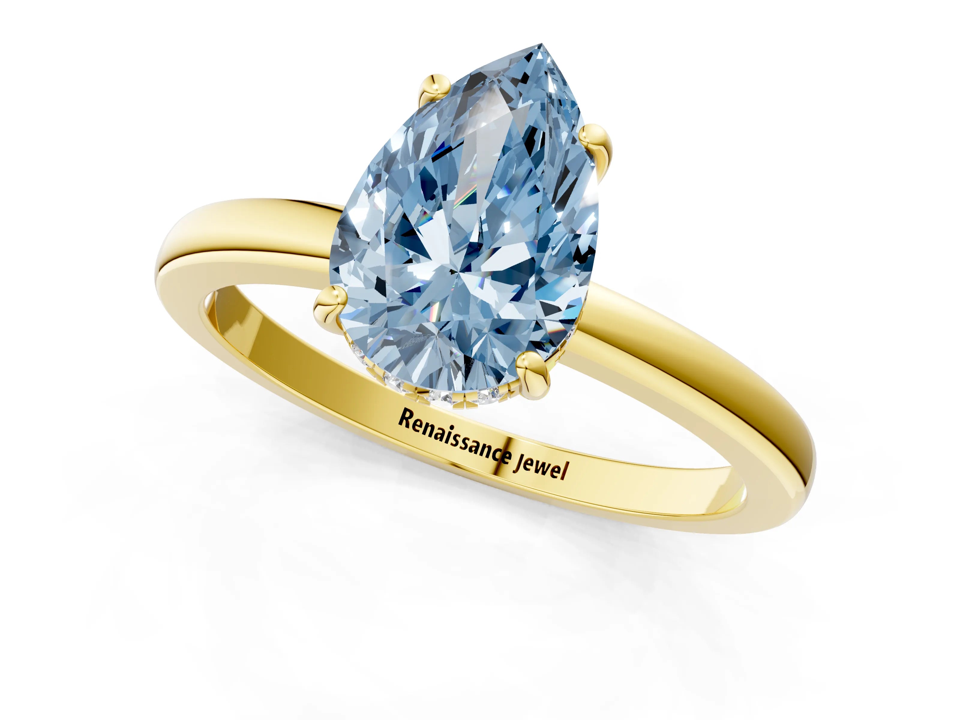 Yellow gold Fancy Blue Pear Cut Solitaire Diamond Ring with Prong Setting and Plain Band_1