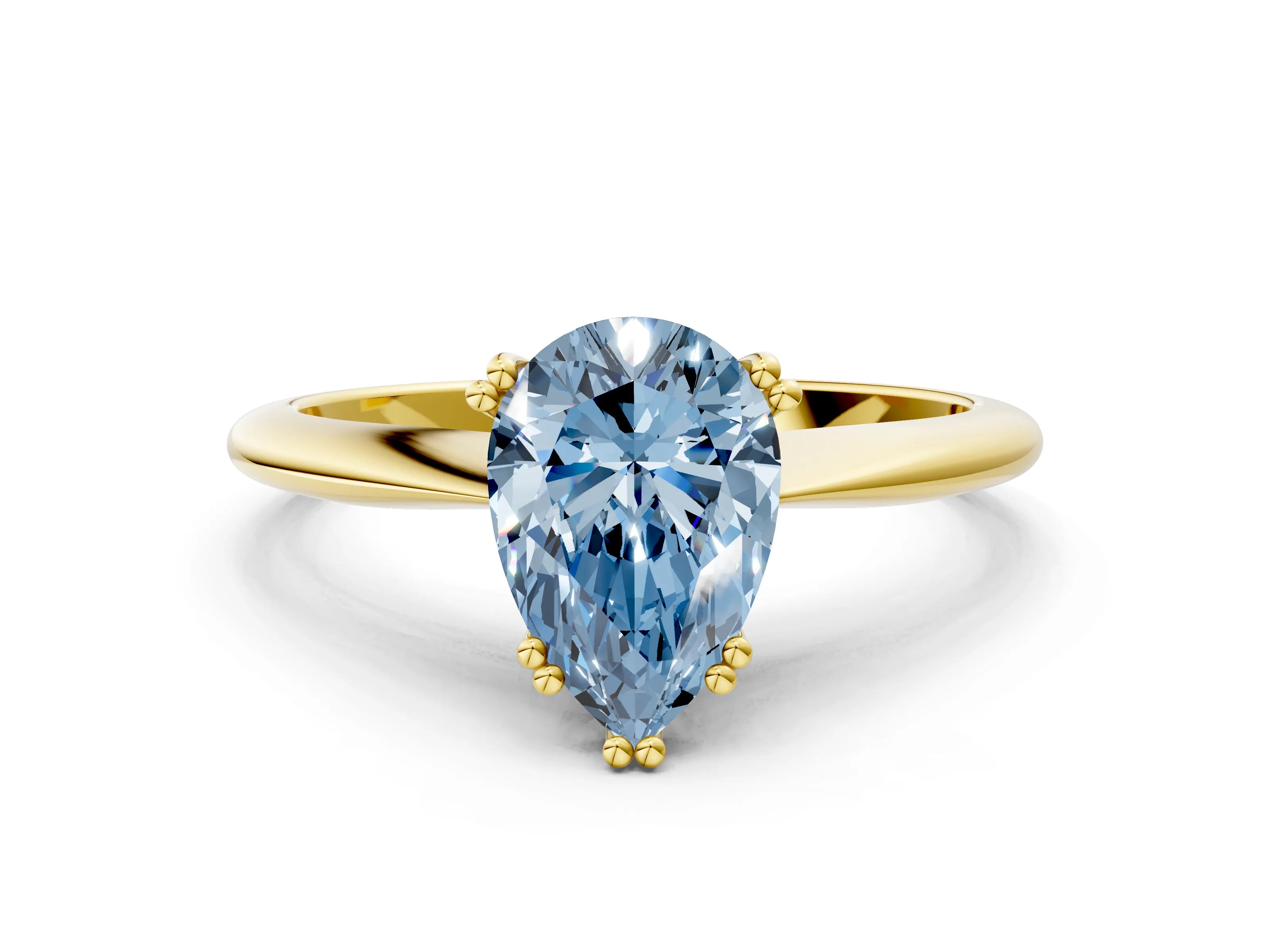 Yellow gold Fancy Blue Pear Cut Solitaire Diamond Ring with Six-Prong Setting and Classic Band