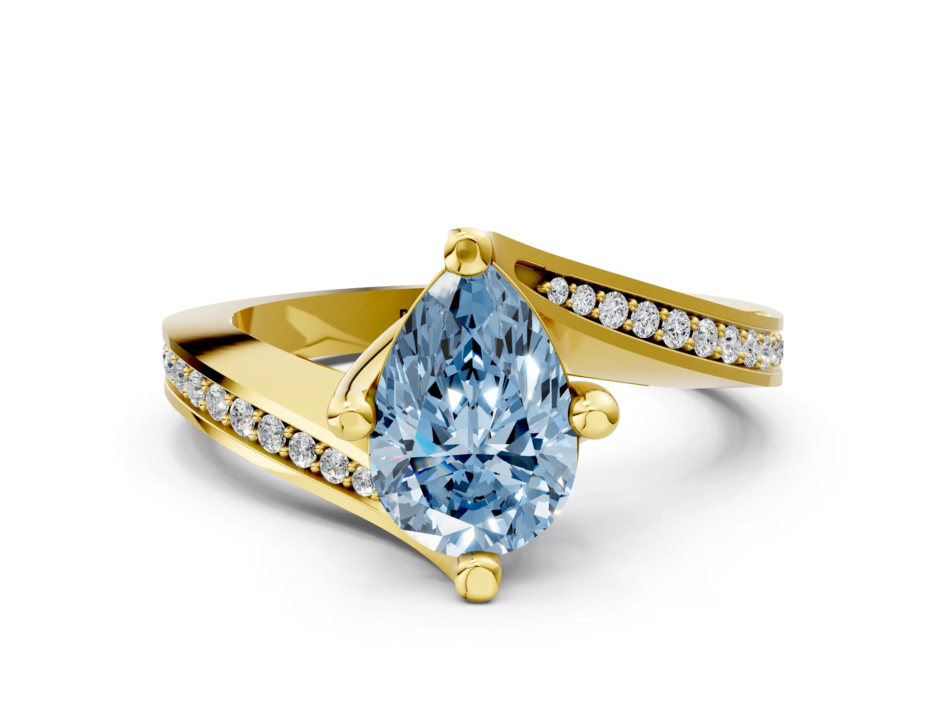 Yellow gold Fancy Blue Pear Cut Solitaire Diamond Twist Band with Pavé Setting and Four-Prong Setting