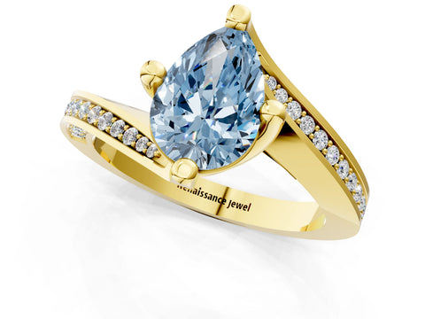 Yellow gold Fancy Blue Pear Cut Solitaire Diamond Twist Band with Pavé Setting and Four-Prong Setting_1