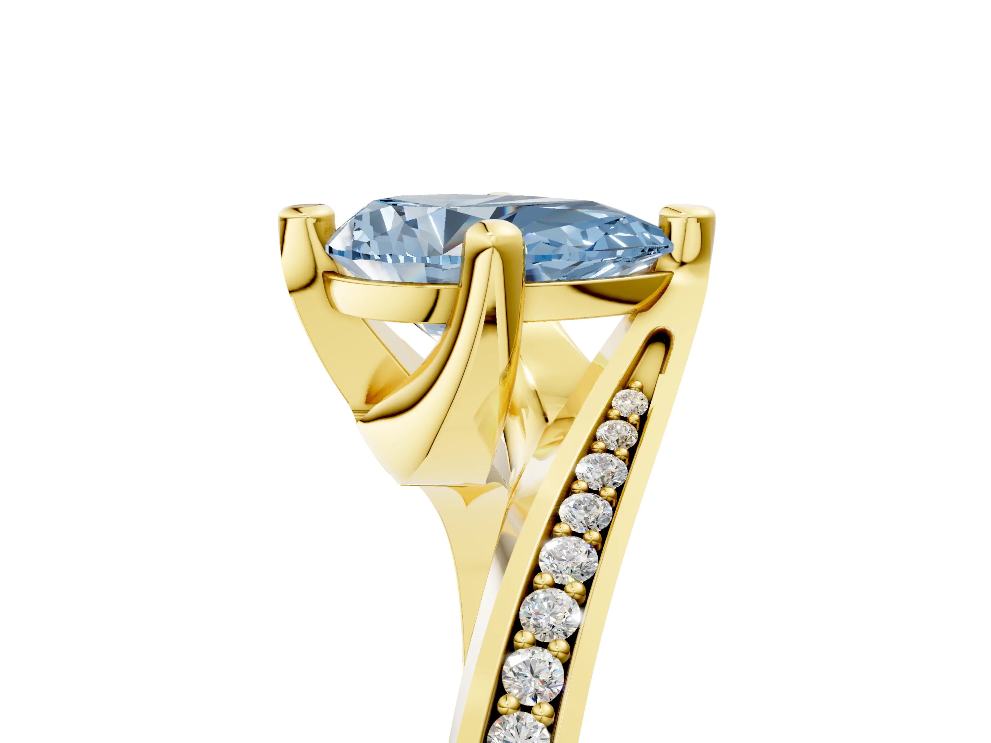 Yellow gold Fancy Blue Pear Cut Solitaire Diamond Twist Band with Pavé Setting and Four-Prong Setting_5