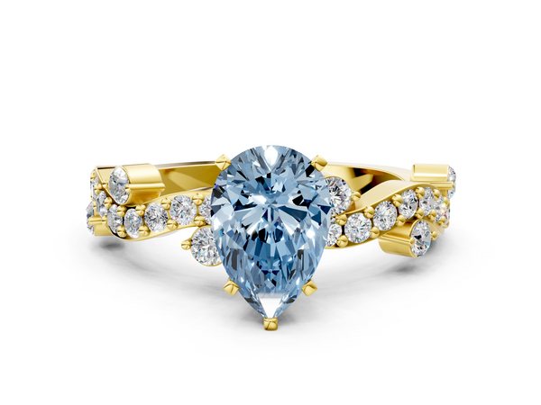 Yellow gold Fancy Blue Pear  Cut Solitaire Diamond Twisted Band with Pave Setting