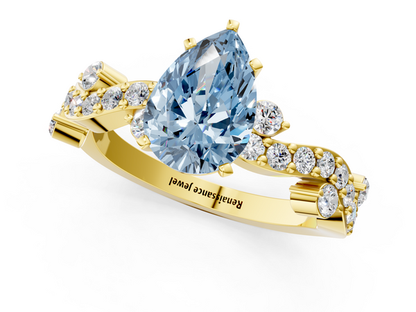 Yellow gold Fancy Blue Pear  Cut Solitaire Diamond Twisted Band with Pave Setting