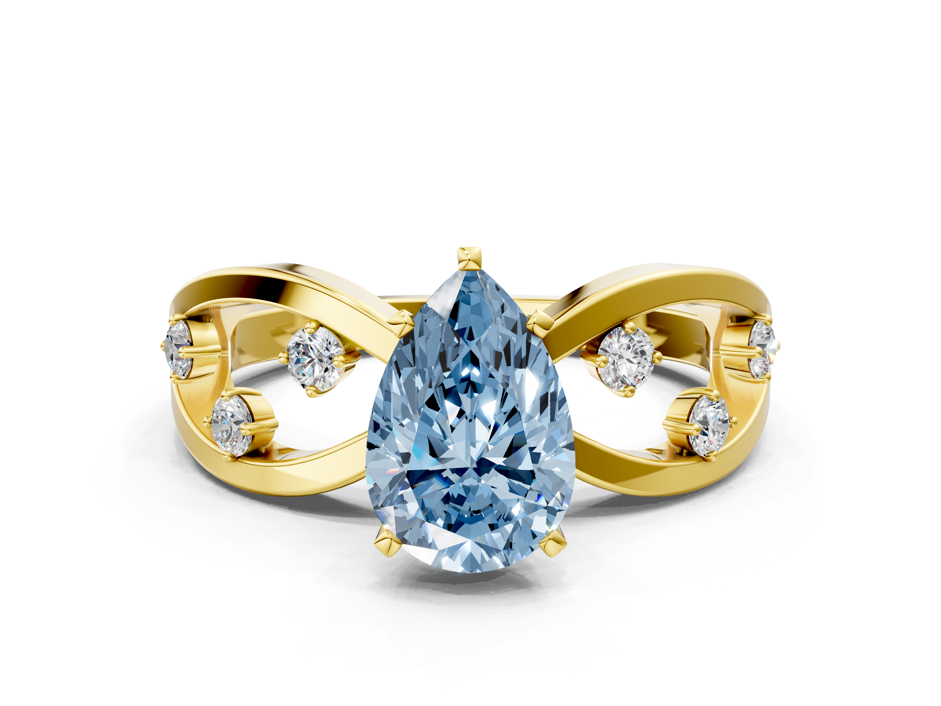Yellow gold Fancy Blue Pear Cut Solitaire Diamond with Side Stones on