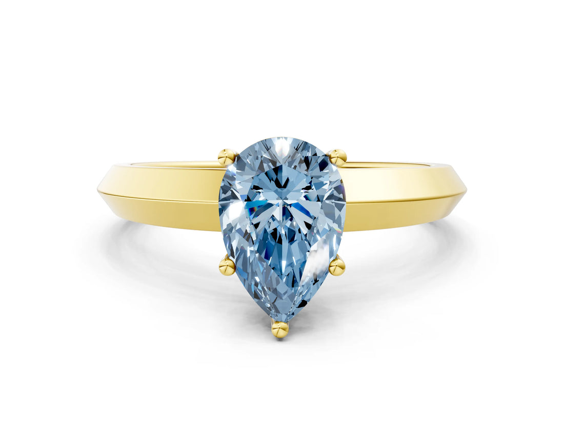 Yellow gold Fancy Blue Pear  Cut Solitaire Engagement Ring with Flat Band and Four-Prong Setting