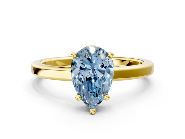 Yellow gold Fancy Blue Pear  Cut Solitaire Engagement Ring with Four-Prong Setting on a Classic Band