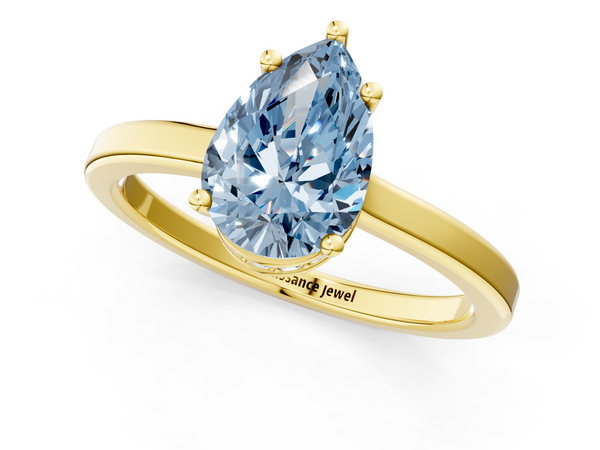 Yellow gold Fancy Blue Pear  Cut Solitaire Engagement Ring with Four-Prong Setting on a Classic Band