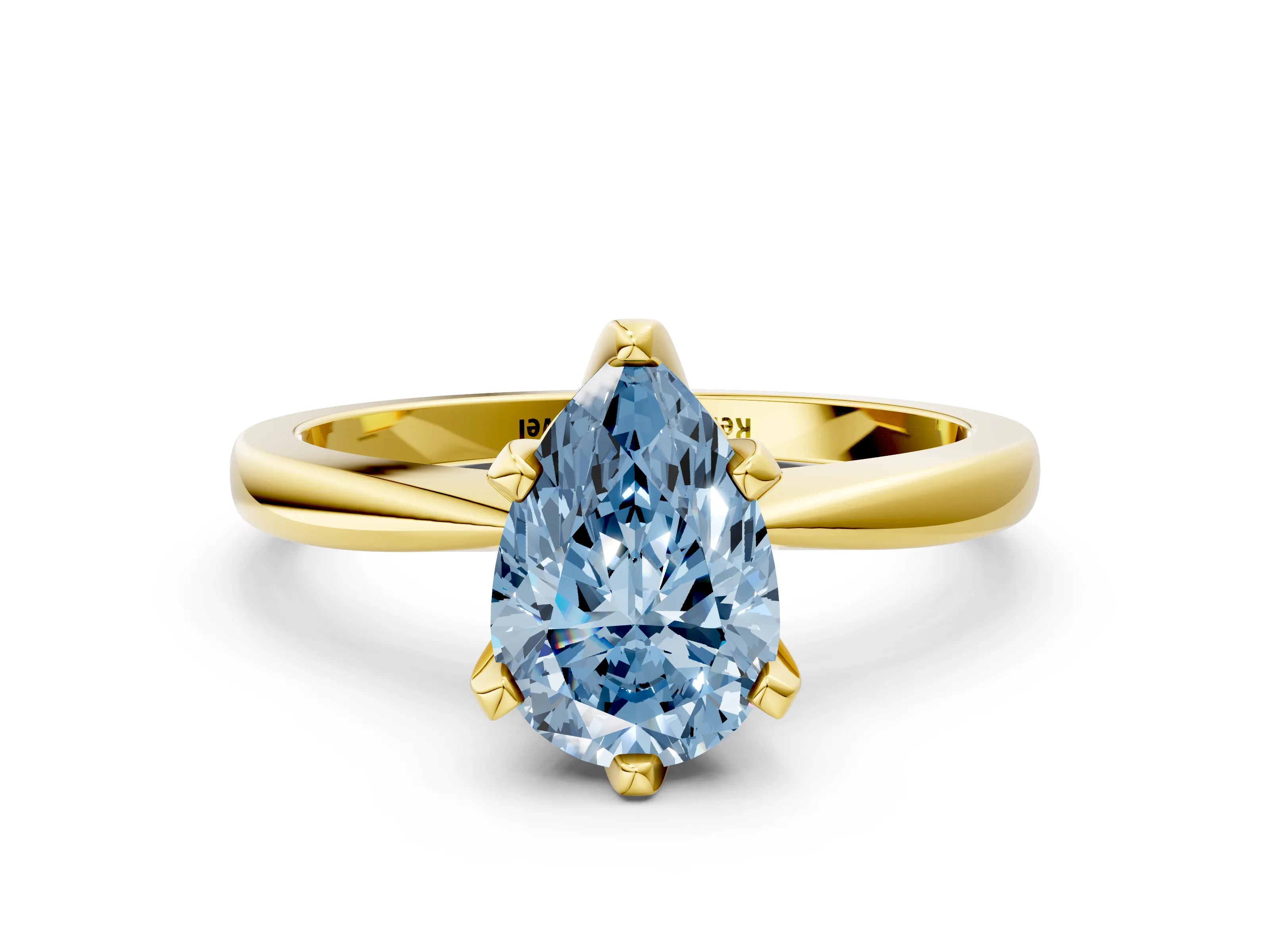 Yellow gold Fancy Blue Pear Cut Solitaire Engagement Ring with Six-Prong Setting and Tapered Band