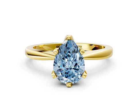Yellow gold Fancy Blue Pear Cut Solitaire Engagement Ring with Six-Prong Setting and Tapered Band