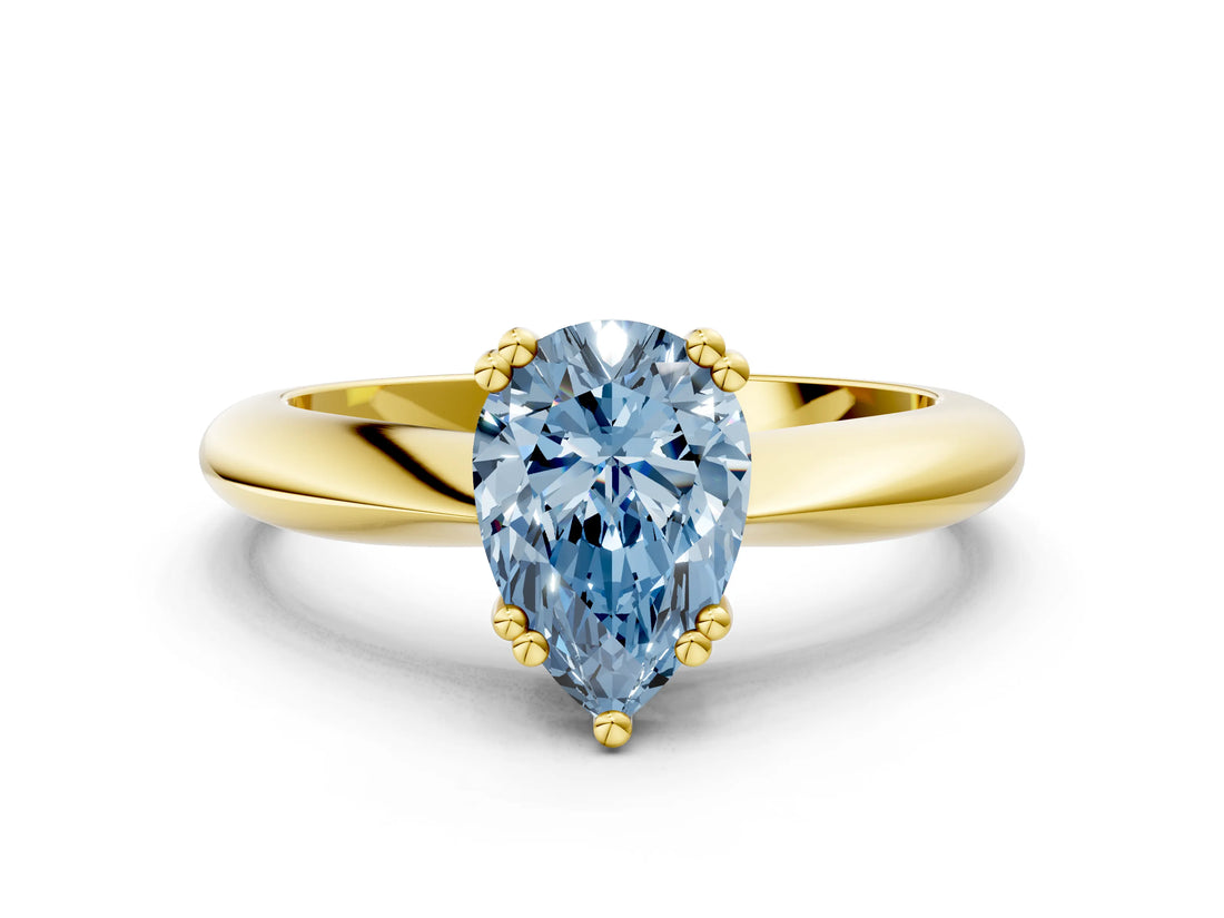 Yellow gold Fancy Blue Pear  Cut Solitaire Engagement Ring with Tapered Band and Four-Prong Setting 2