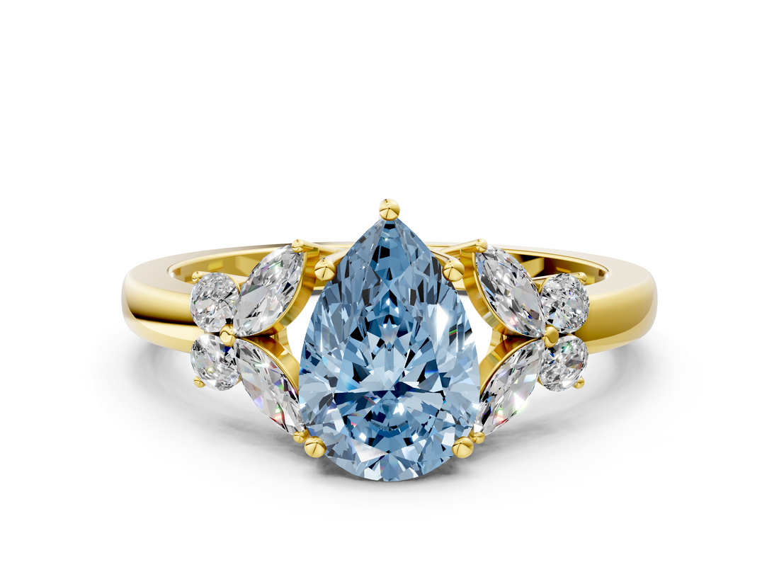 Yellow gold Fancy Blue Pear  Cut Solitaire Floral Diamond Ring with Four-Prong Setting_37