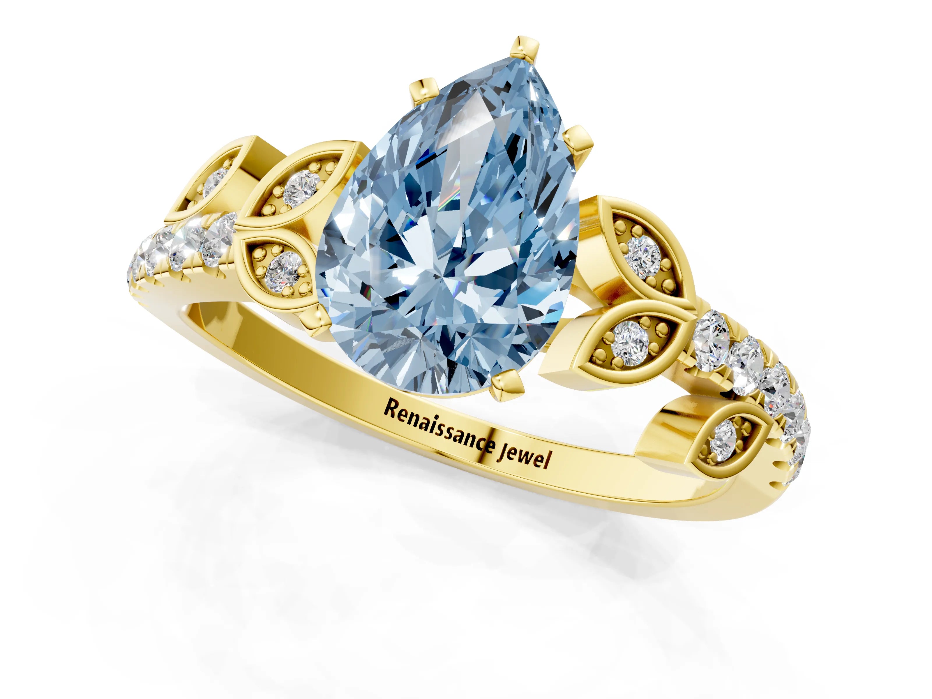 Yellow gold Fancy Blue Pear Cut Solitaire Leaf-Inspired Diamond Ring with Pavé Band and Four-Prong Setting_1