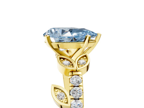 Yellow gold Fancy Blue Pear Cut Solitaire Leaf-Inspired Diamond Ring with Pavé Band and Four-Prong Setting_5