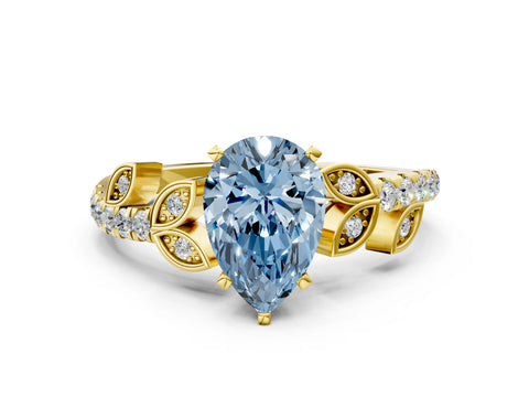 Yellow gold Fancy Blue Pear Cut Solitaire Leaf-Inspired Diamond Ring with Pavé Band and Four-Prong Setting