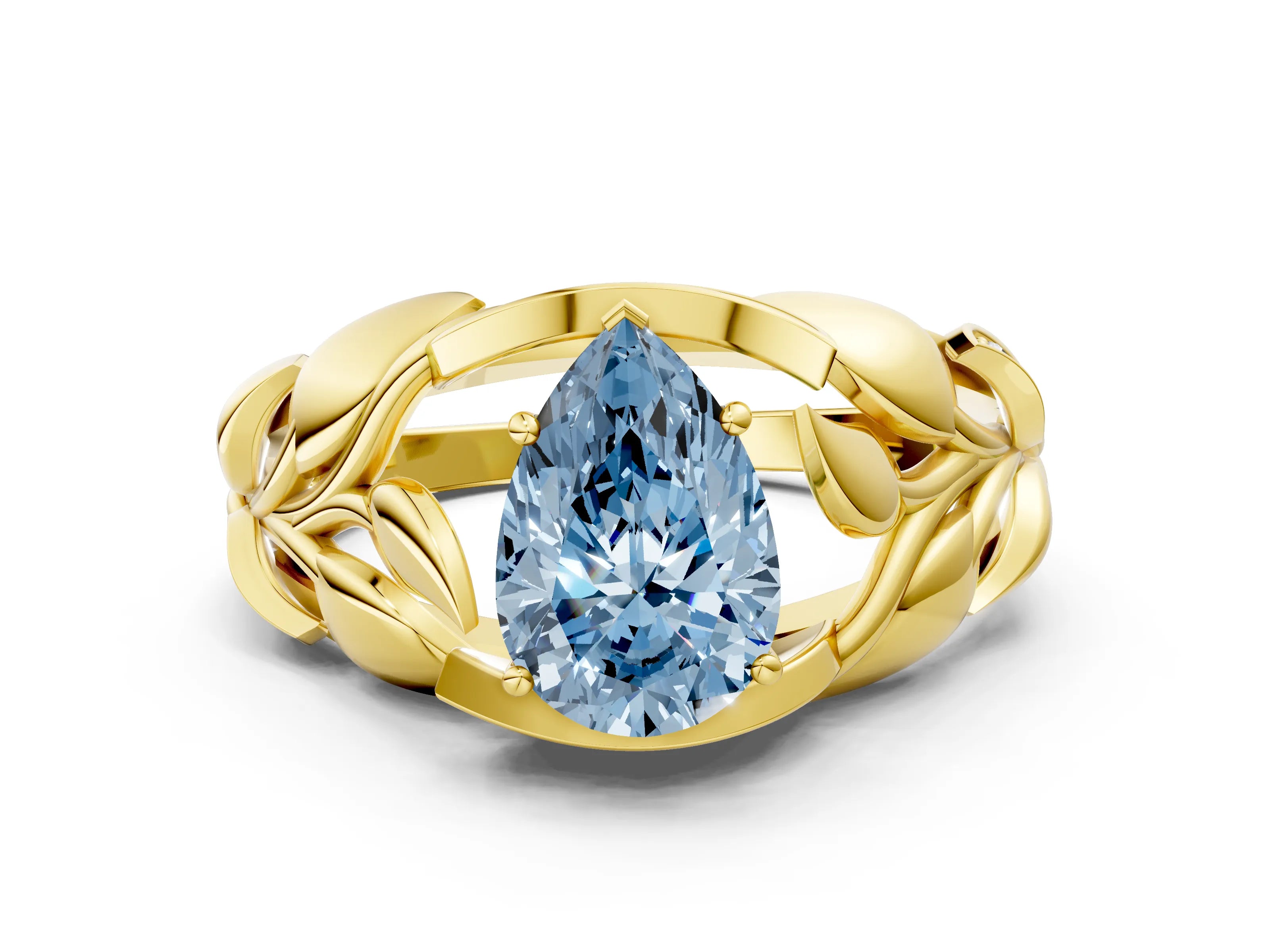 Yellow gold Fancy Blue Pear Cut Solitaire Leaf-Inspired Engagement Ring with Prong Setting