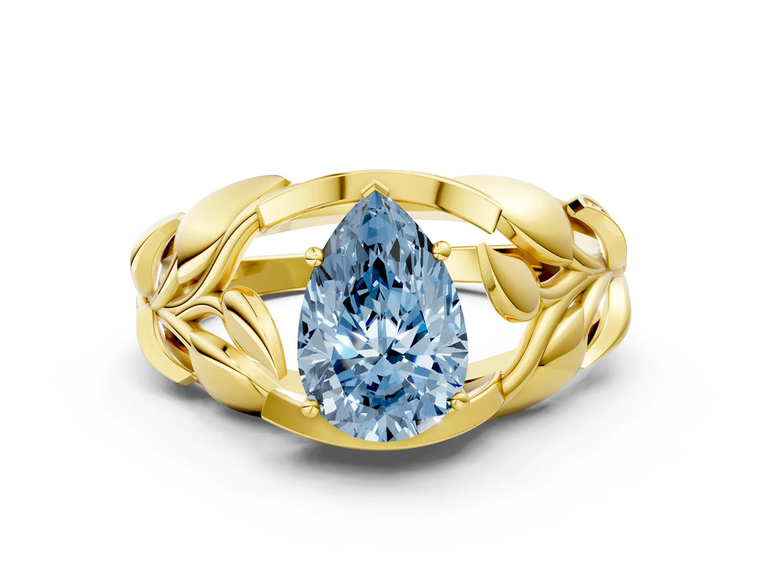 Yellow gold Fancy Blue Pear Cut Solitaire Leaf-Inspired Engagement Ring with Prong Setting_12